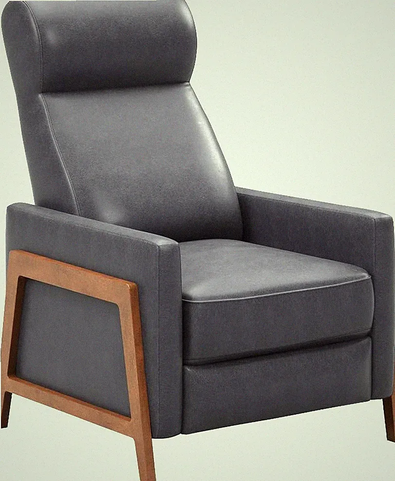 Blue Gray Leather Pushback Recliner with Walnut Legs by