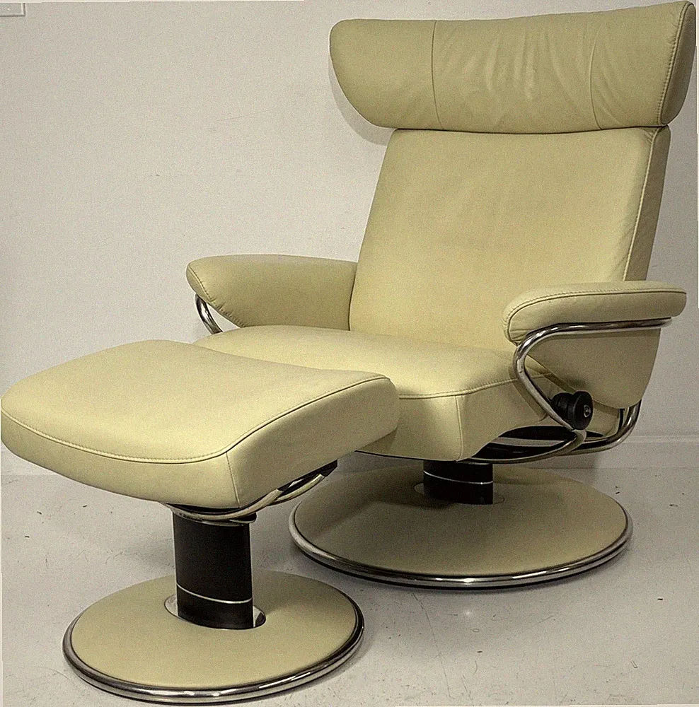 Ekornes Stressless Large JAZZ Ivory Leather Swivel Base Recliner Chair Ottoman