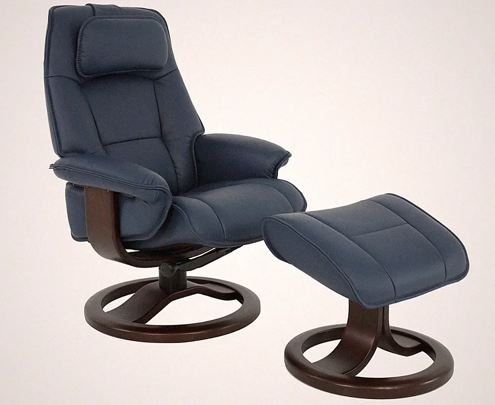 Fjords Admiral Recliner Chair Ottoman Blue Soft Leather Walnut Wood Stain Small
