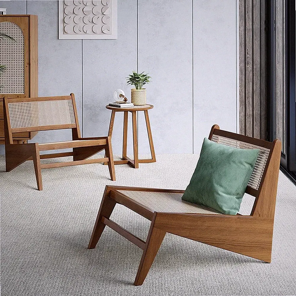 Japandi Walnut Rattan Armless Lounge Chair for Living Room & Patio