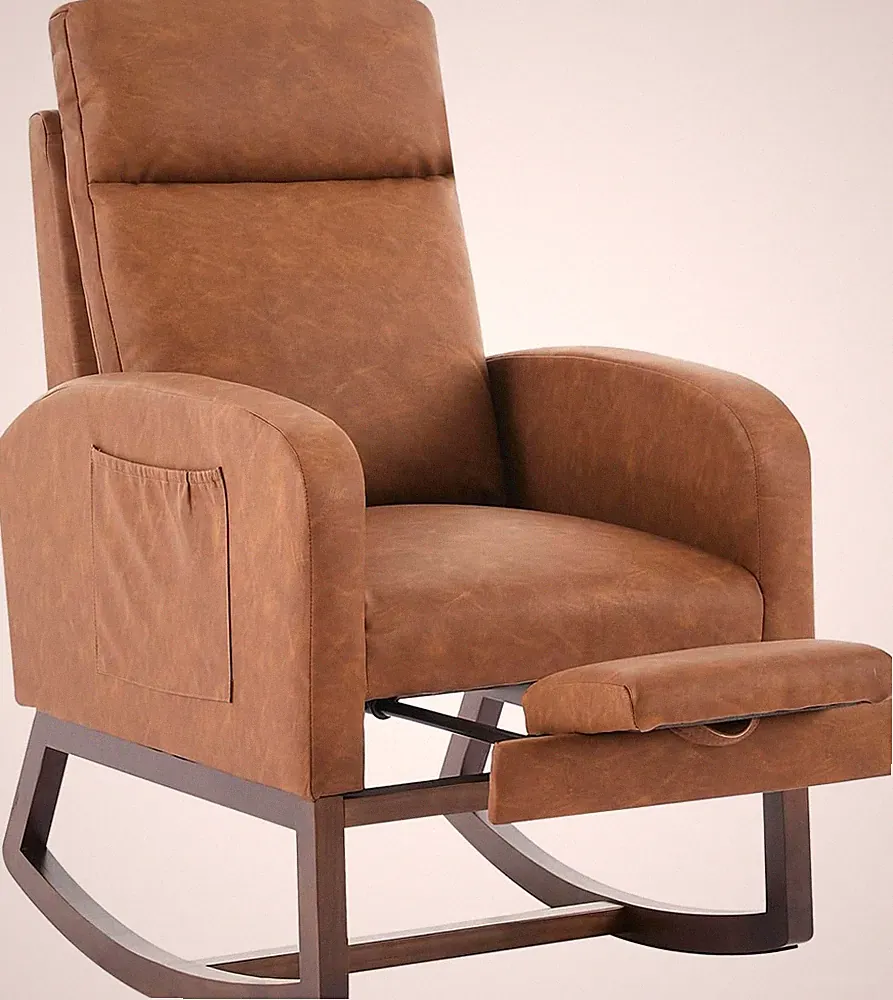 Nursing Glider Chair with Extendable Footrest, Ergonomic Support Walnut Frame