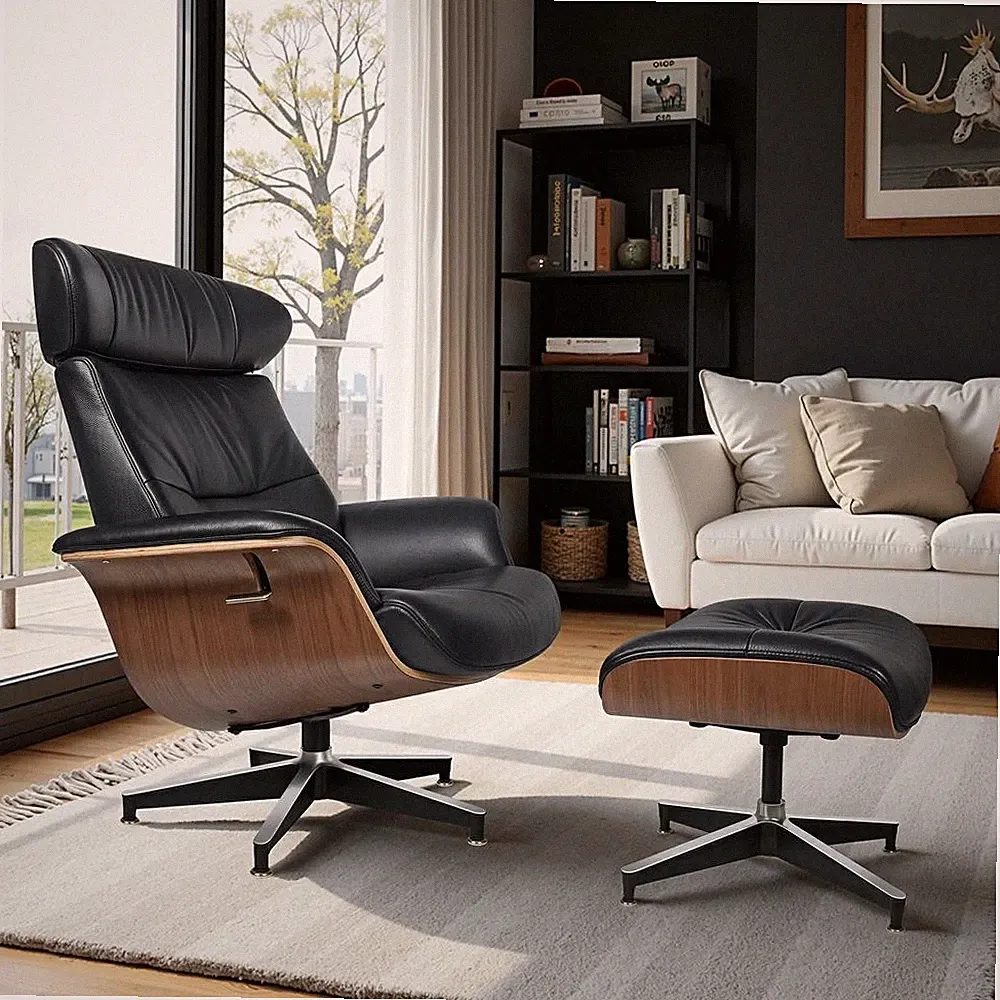 Walnut Black Genuine Leather Lounge Chair & Ottoman Recliner Swivel Arm chair